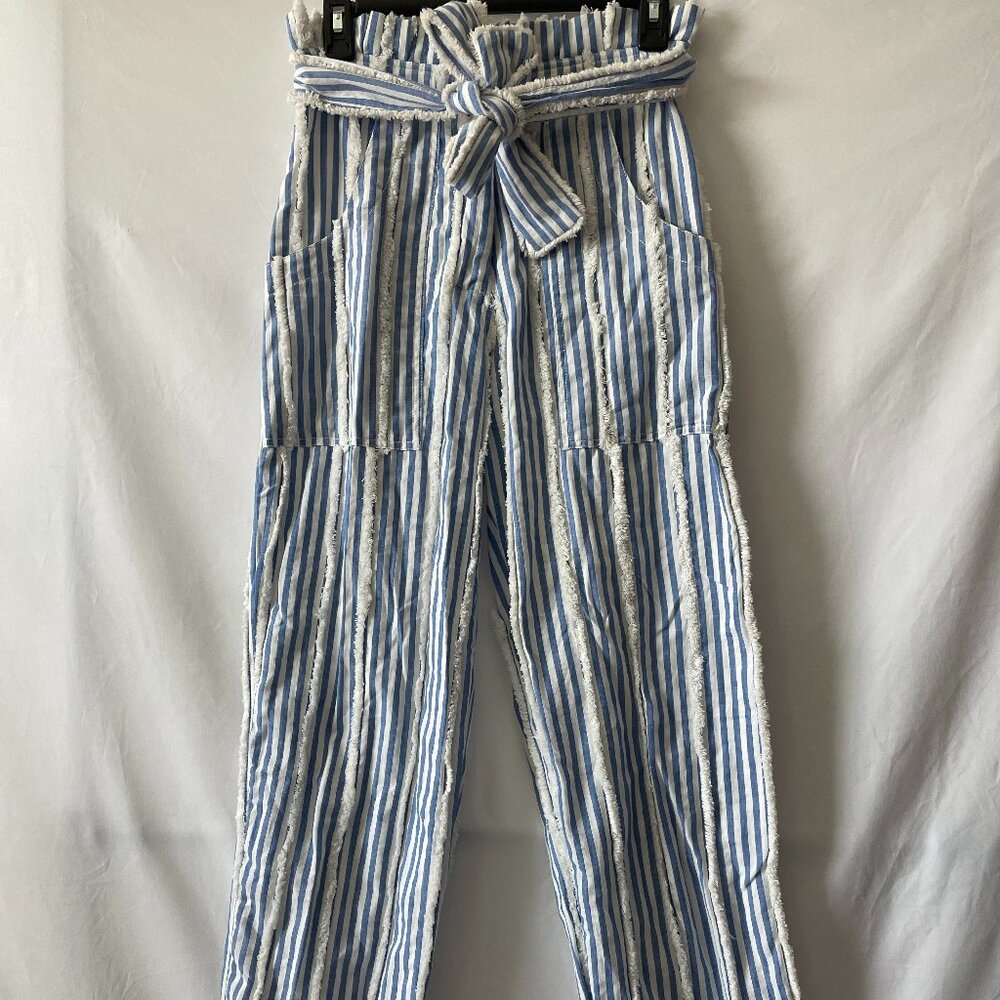 Manoush Womens White & Blue High Rise Fur Trim Striped Paperbeg Pant Size 2